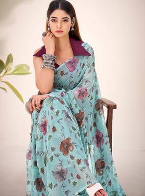 Sea green lurex brasso floral printed saree with unstitched blouse 4