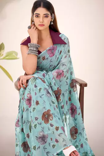 Sea green lurex brasso floral printed saree with unstitched blouse