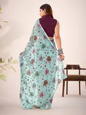 Sea green lurex brasso floral printed saree with unstitched blouse 5