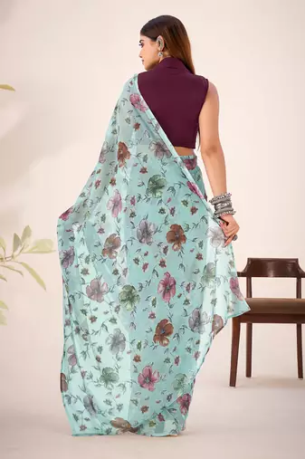 Sea green lurex brasso floral printed saree with unstitched blouse