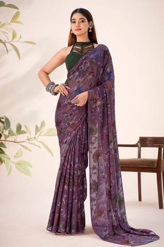 Wine lurex brasso floral printed saree with unstitched blouse