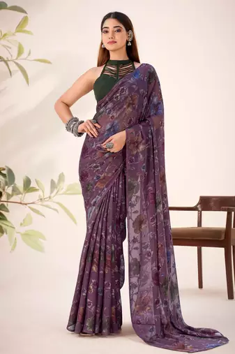 Wine lurex brasso floral printed saree with unstitched blouse
