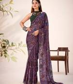 Wine lurex brasso floral printed saree with unstitched blouse