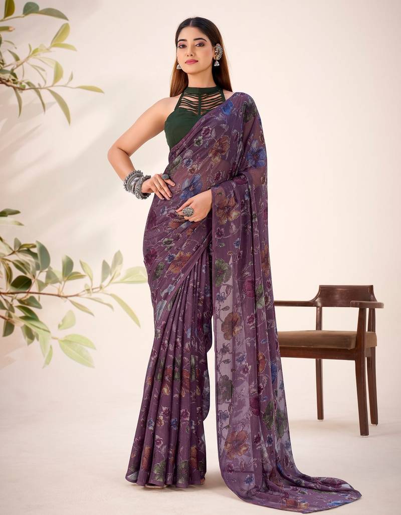 Wine lurex brasso floral printed saree with unstitched blouse
