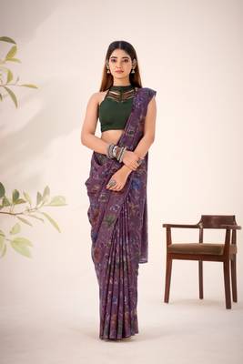 Wine lurex brasso floral printed saree with unstitched blouse 2