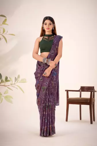 Wine lurex brasso floral printed saree with unstitched blouse