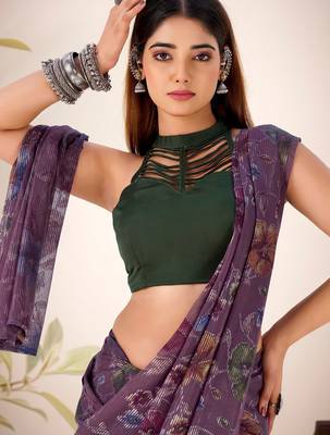 Wine lurex brasso floral printed saree with unstitched blouse 3