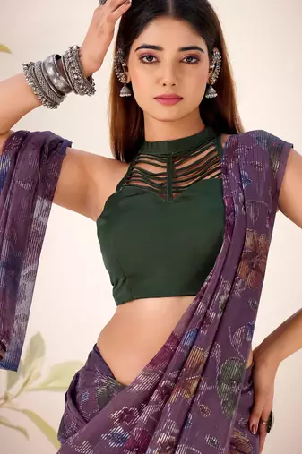Wine lurex brasso floral printed saree with unstitched blouse