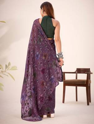 Wine lurex brasso floral printed saree with unstitched blouse 4