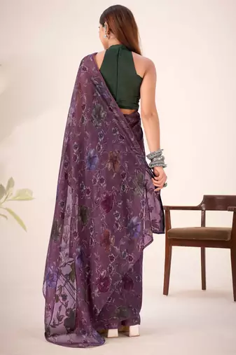 Wine lurex brasso floral printed saree with unstitched blouse