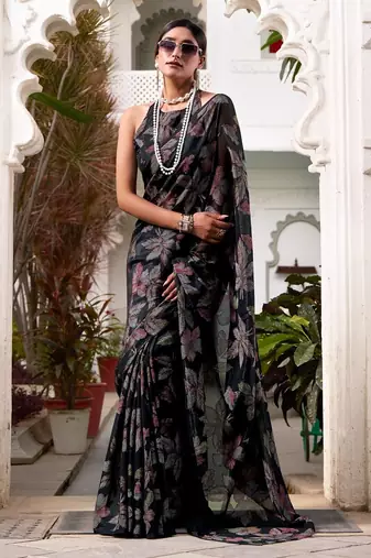 Black lurex brasso floral printed saree with unstitched blouse
