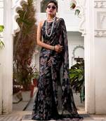 Black lurex brasso floral printed saree with unstitched blouse