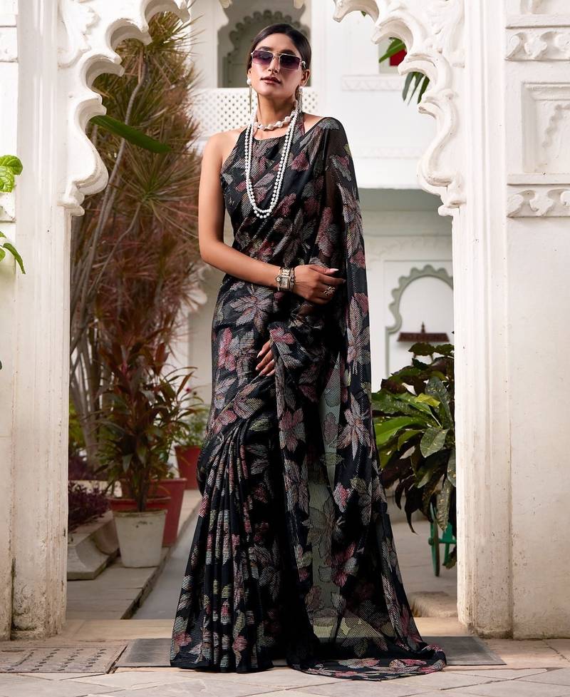 Black lurex brasso floral printed saree with unstitched blouse