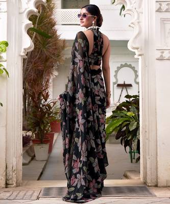Black lurex brasso floral printed saree with unstitched blouse 2
