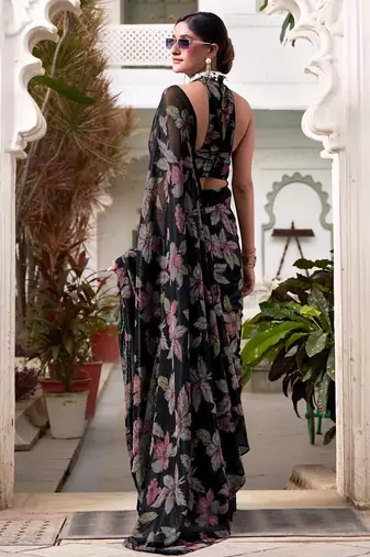 Black lurex brasso floral printed saree with unstitched blouse