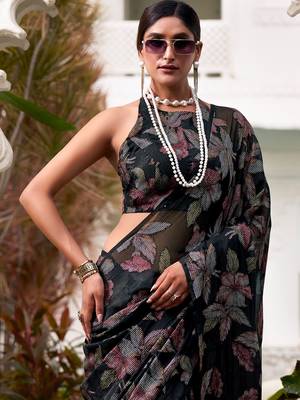 Black lurex brasso floral printed saree with unstitched blouse 3