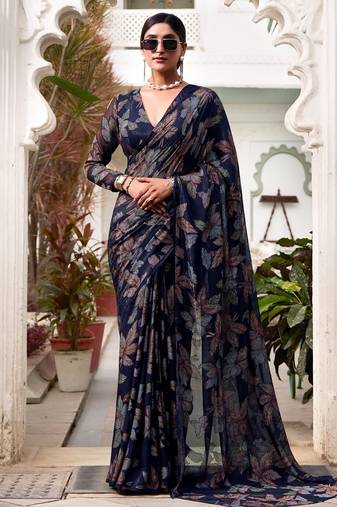 Navy blue lurex brasso floral printed saree with unstitched blouse