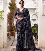 Navy blue lurex brasso floral printed saree with unstitched blouse