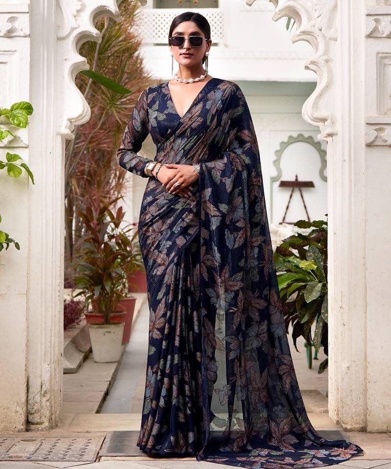 Navy blue lurex brasso floral printed saree with unstitched blouse