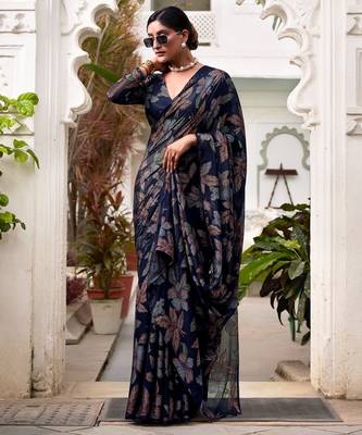Navy blue lurex brasso floral printed saree with unstitched blouse 2