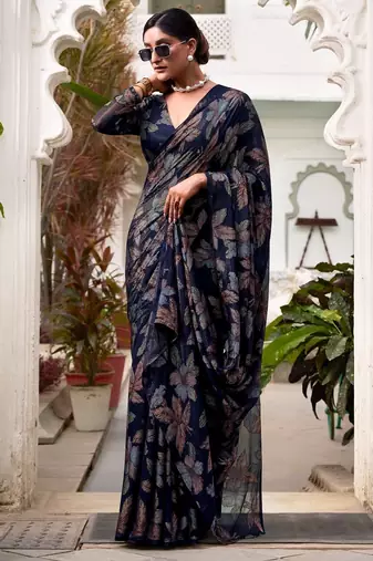 Navy blue lurex brasso floral printed saree with unstitched blouse