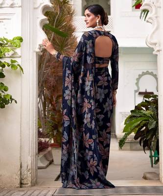 Navy blue lurex brasso floral printed saree with unstitched blouse 3
