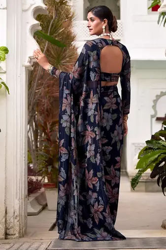 Navy blue lurex brasso floral printed saree with unstitched blouse