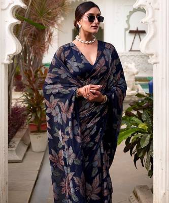 Navy blue lurex brasso floral printed saree with unstitched blouse 4