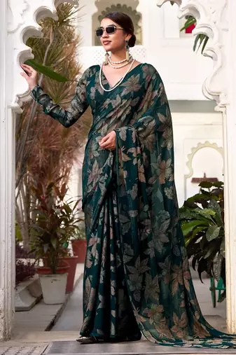 Bottel green lurex brasso floral printed saree with unstitched blouse