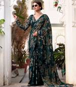 Bottel green lurex brasso floral printed saree with unstitched blouse