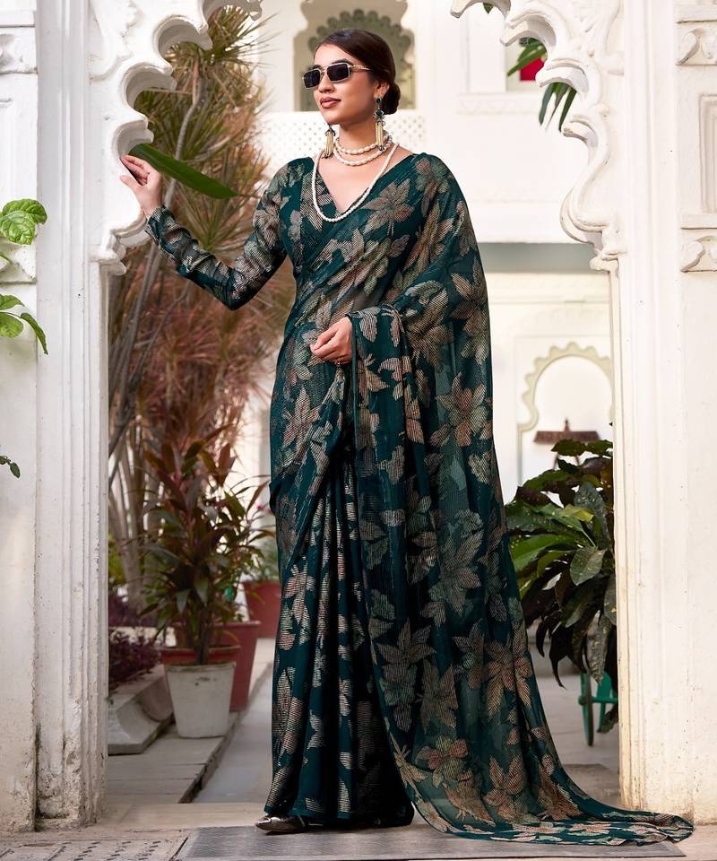 Bottel green lurex brasso floral printed saree with unstitched blouse