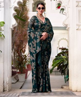 Bottel green lurex brasso floral printed saree with unstitched blouse 2