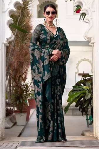 Bottel green lurex brasso floral printed saree with unstitched blouse