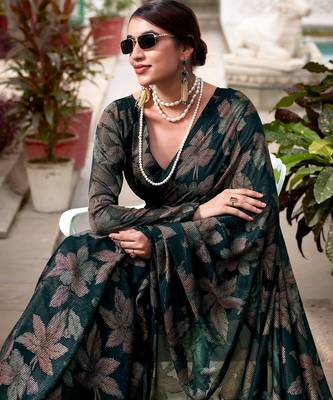 Bottel green lurex brasso floral printed saree with unstitched blouse 3