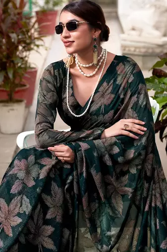Bottel green lurex brasso floral printed saree with unstitched blouse