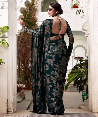 Bottel green lurex brasso floral printed saree with unstitched blouse 4
