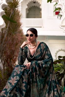 Bottel green lurex brasso floral printed saree with unstitched blouse 5