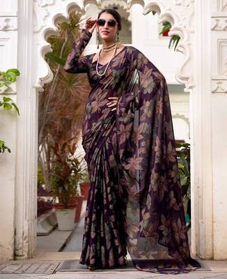 Wine lurex brasso floral printed saree with unstitched blouse 1