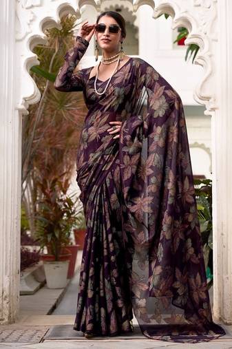 Wine lurex brasso floral printed saree with unstitched blouse