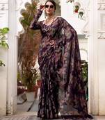 Wine lurex brasso floral printed saree with unstitched blouse