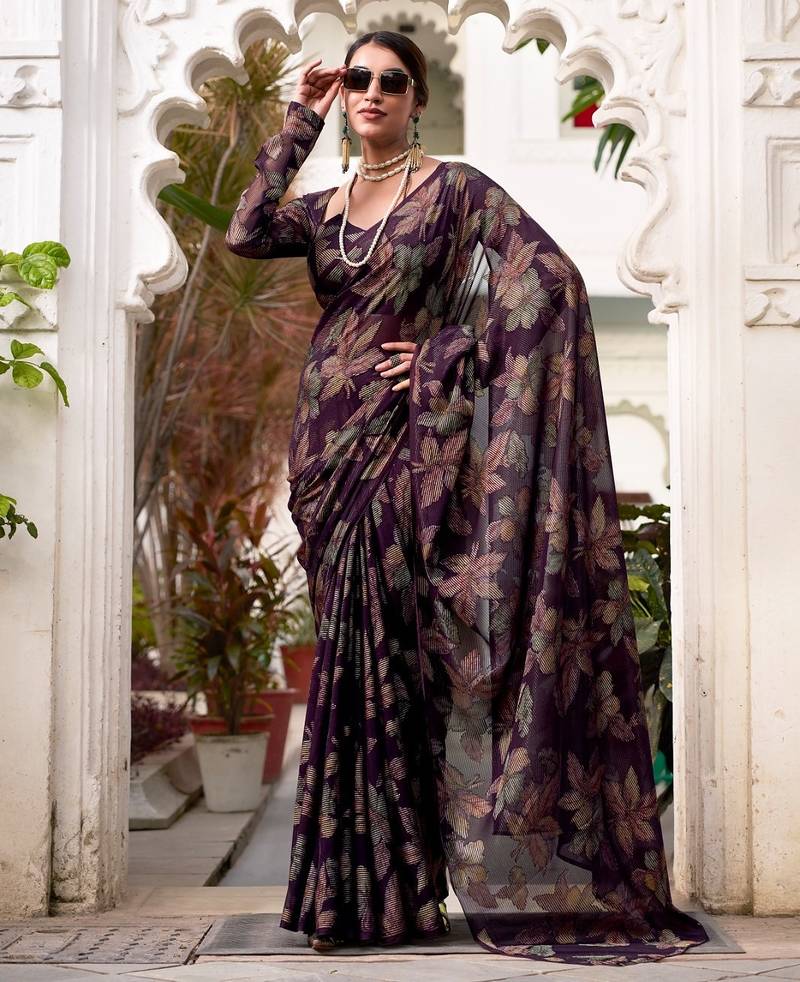 Wine lurex brasso floral printed saree with unstitched blouse