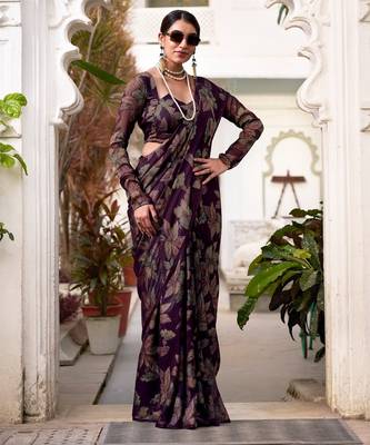 Wine lurex brasso floral printed saree with unstitched blouse 2
