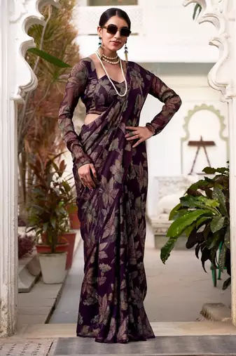 Wine lurex brasso floral printed saree with unstitched blouse