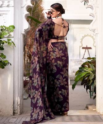 Wine lurex brasso floral printed saree with unstitched blouse 3