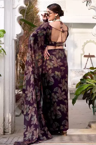 Wine lurex brasso floral printed saree with unstitched blouse