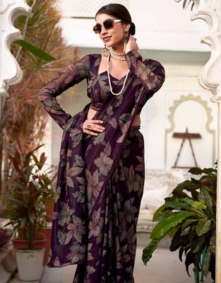 Wine lurex brasso floral printed saree with unstitched blouse 4