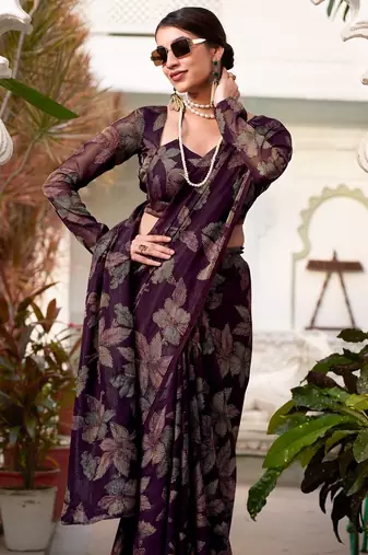 Wine lurex brasso floral printed saree with unstitched blouse