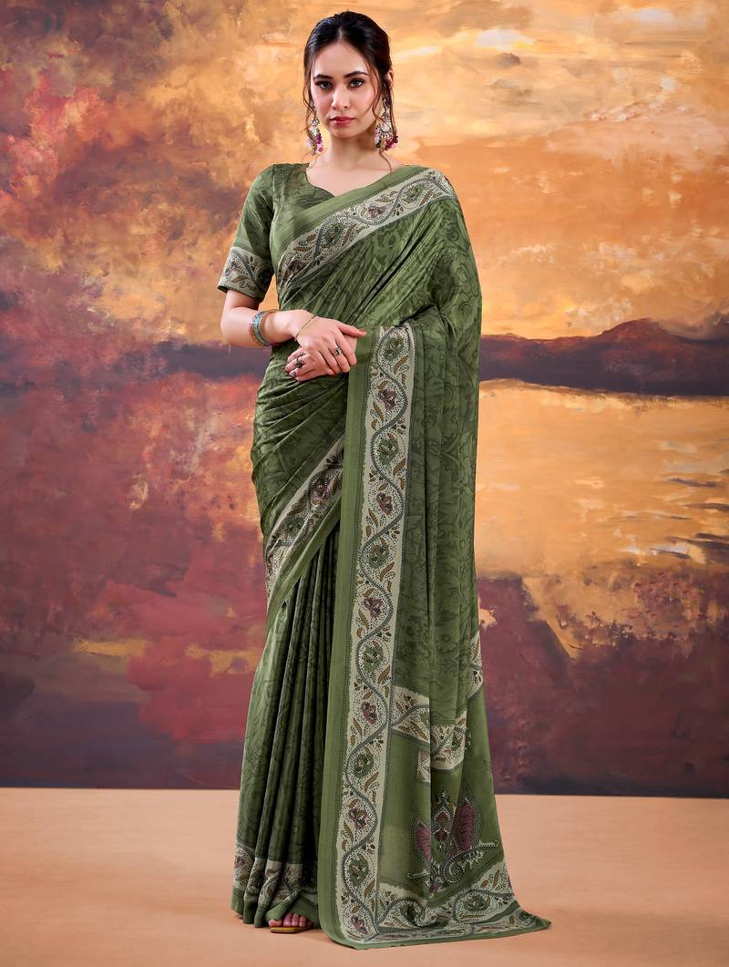 Mehendi crepe printed saree with unstitched blouse