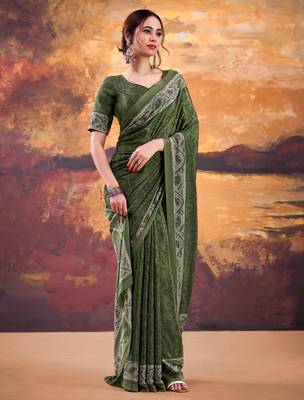 Mehendi crepe printed saree with unstitched blouse 2