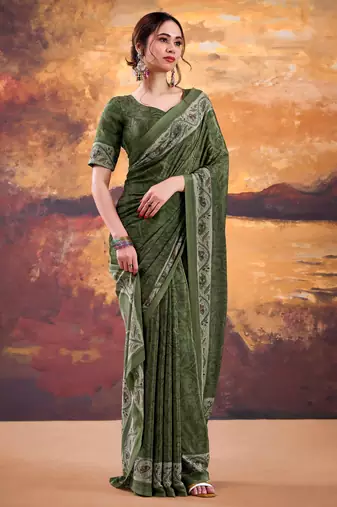 Mehendi crepe printed saree with unstitched blouse